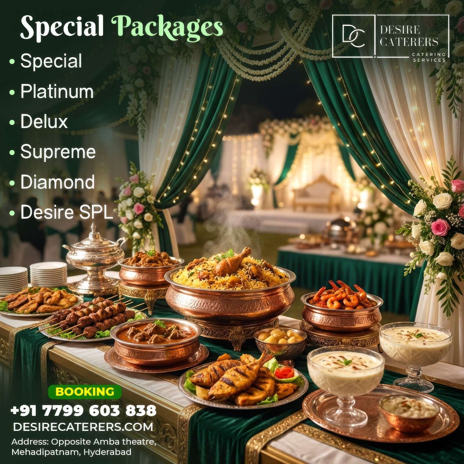 Best food catering service in Hyderabad by Desire Caterers with elegant buffet setup