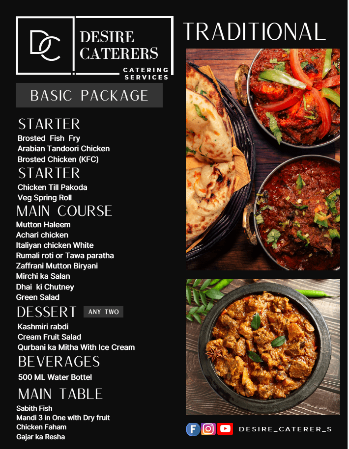 Desire Caterers Traditional catering package menu with Zaffrani Mutton Biryani and Mutton Haleem in Hyderabad