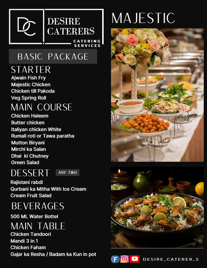 Desire Caterers Majestic catering package menu with Mutton Biryani and grand buffet setup in Hyderabad