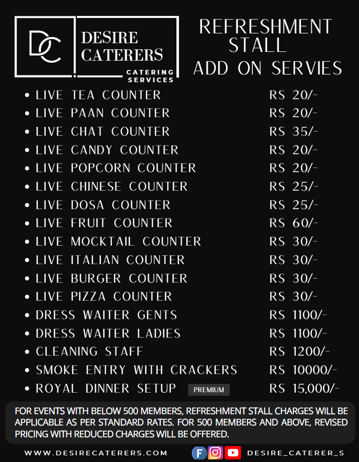 Desire Caterers refreshment stall and live counter add-on services price list for catering events in Hyderabad