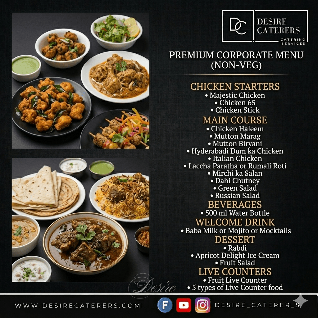 Desire Caterers premium corporate non-veg menu with Chicken Haleem, Mutton Biryani, Mocktails and live counters for office events in Hyderabad