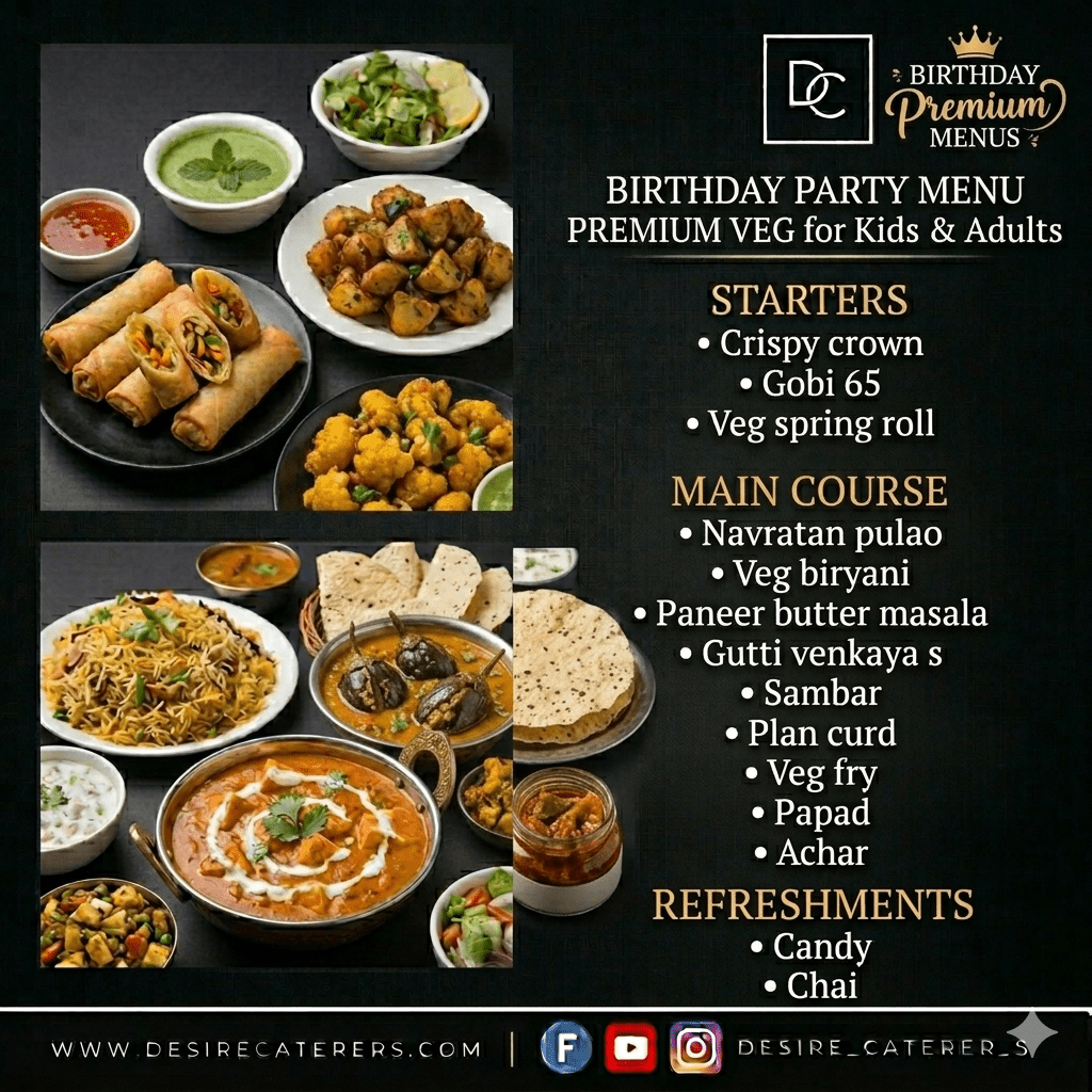 Desire Caterers premium vegetarian birthday party menu for kids and adults in Hyderabad with Veg Biryani, Paneer Butter Masala and Gobi 65
