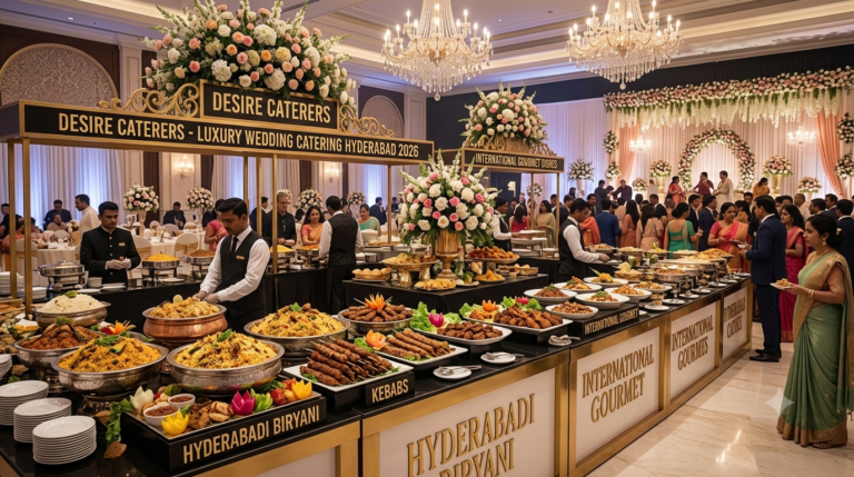 Elegantly plated luxury wedding catering spread in Hyderabad, featuring curated Hyderabadi and Telangana dishes for a 2026 wedding celebration